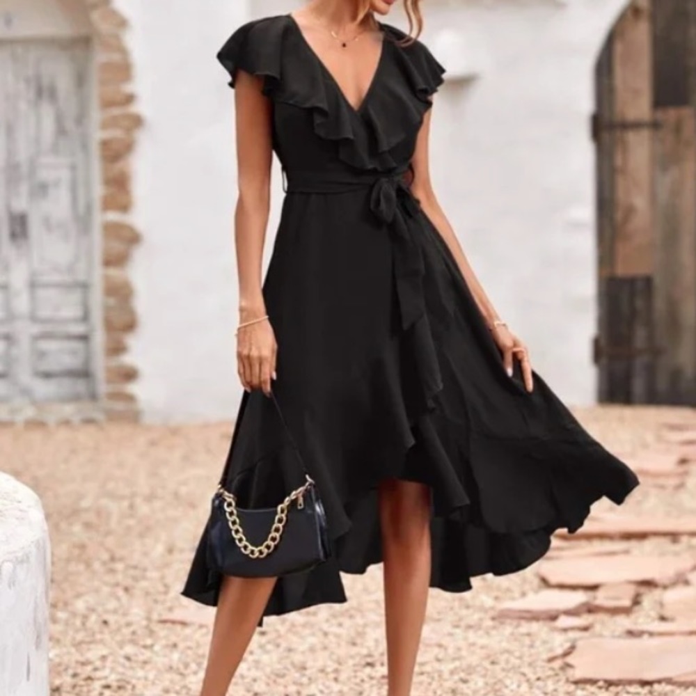Boho navy blue ruffle hem wrap belted maxi dress - Picture 5 of 13